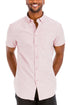 Lime Milo Signature short sleeve button-down dress shirt in lightweight fabric, shown on a hanger with a classic collar.