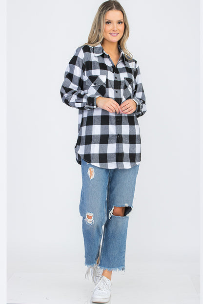 Lime Milo oversized boyfriend plaid checkered flannel top with a relaxed fit and button-front design, shown on a model.