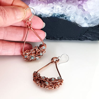 Copper teardrop earrings with tangled design by Maroon Smudge, featuring intricate details and a polished finish.