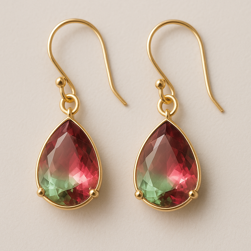 Elegant drop-shaped earrings with green-pink glass beads and 18K gold hooks by Apricot Perses.