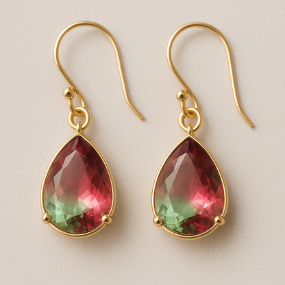 Elegant drop-shaped earrings with green-pink glass beads and 18K gold hooks by Apricot Perses.