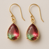 Elegant drop-shaped earrings with green-pink glass beads and 18K gold hooks by Apricot Perses.