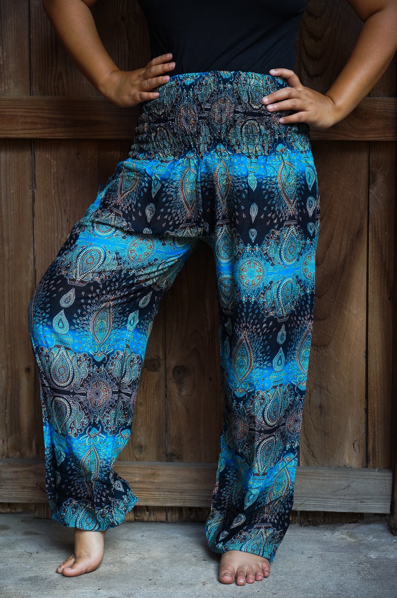 Tan Smokey turquoise paisley harem pants with boho style, featuring a relaxed fit and intricate paisley patterns.