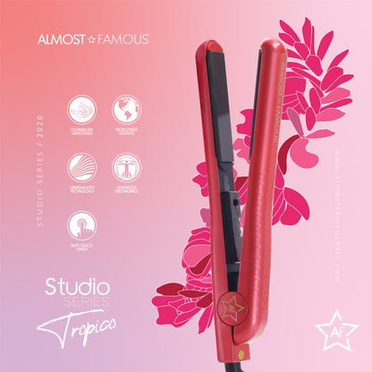 Sky Blue Thrace Almost Famous 1.25-inch Tropico Studio Flat Iron with Waterprint design for hair styling.