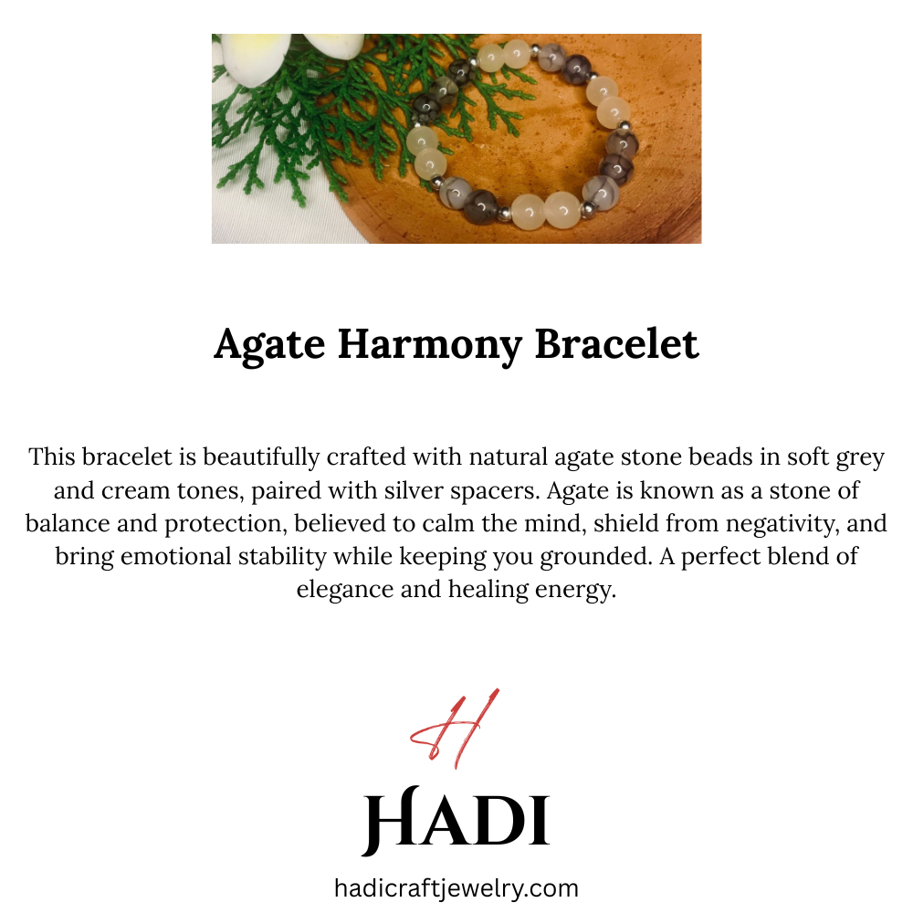 Gray and white agate gemstone beaded bracelet with silver spacers, featuring Tan Saffron branding and elegant bracelet design.