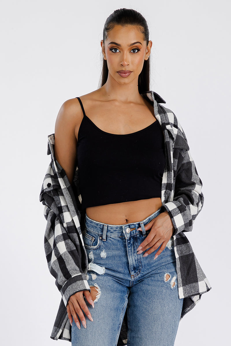Lime Milo Boyfriend oversized soft flannel shacket in neutral tones, shown on a hanger, highlighting its relaxed fit and cozy fabric.