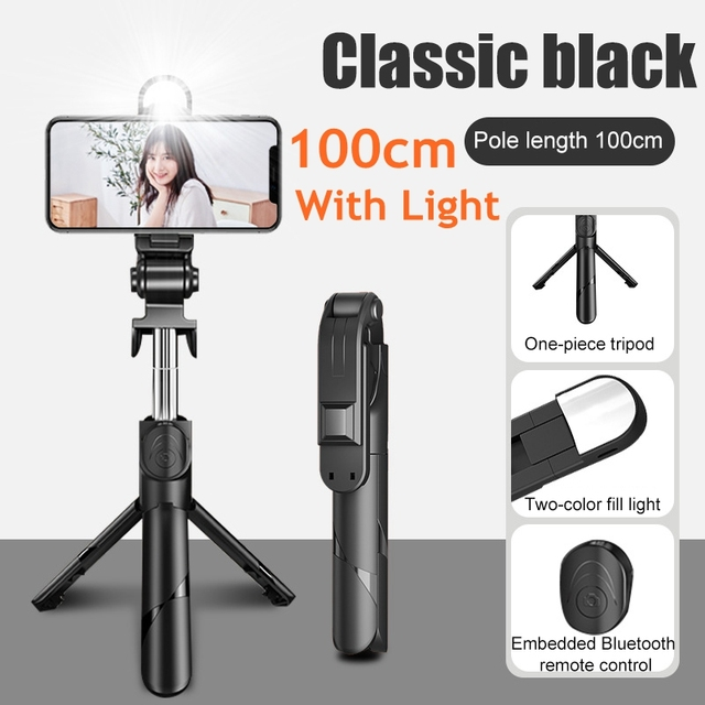 Lilac Milo 3-in-1 tripod and Bluetooth selfie stick with fill light for smartphones, showing adjustable tripod and built-in light.