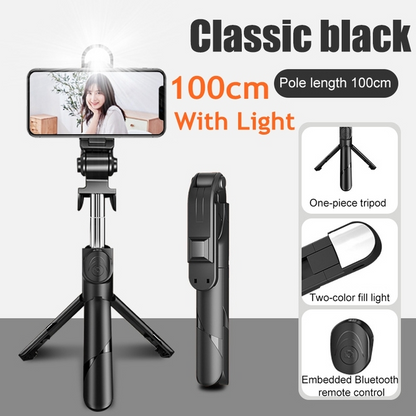 Lilac Milo 3-in-1 tripod and Bluetooth selfie stick with fill light for smartphones, showing adjustable tripod and built-in light.