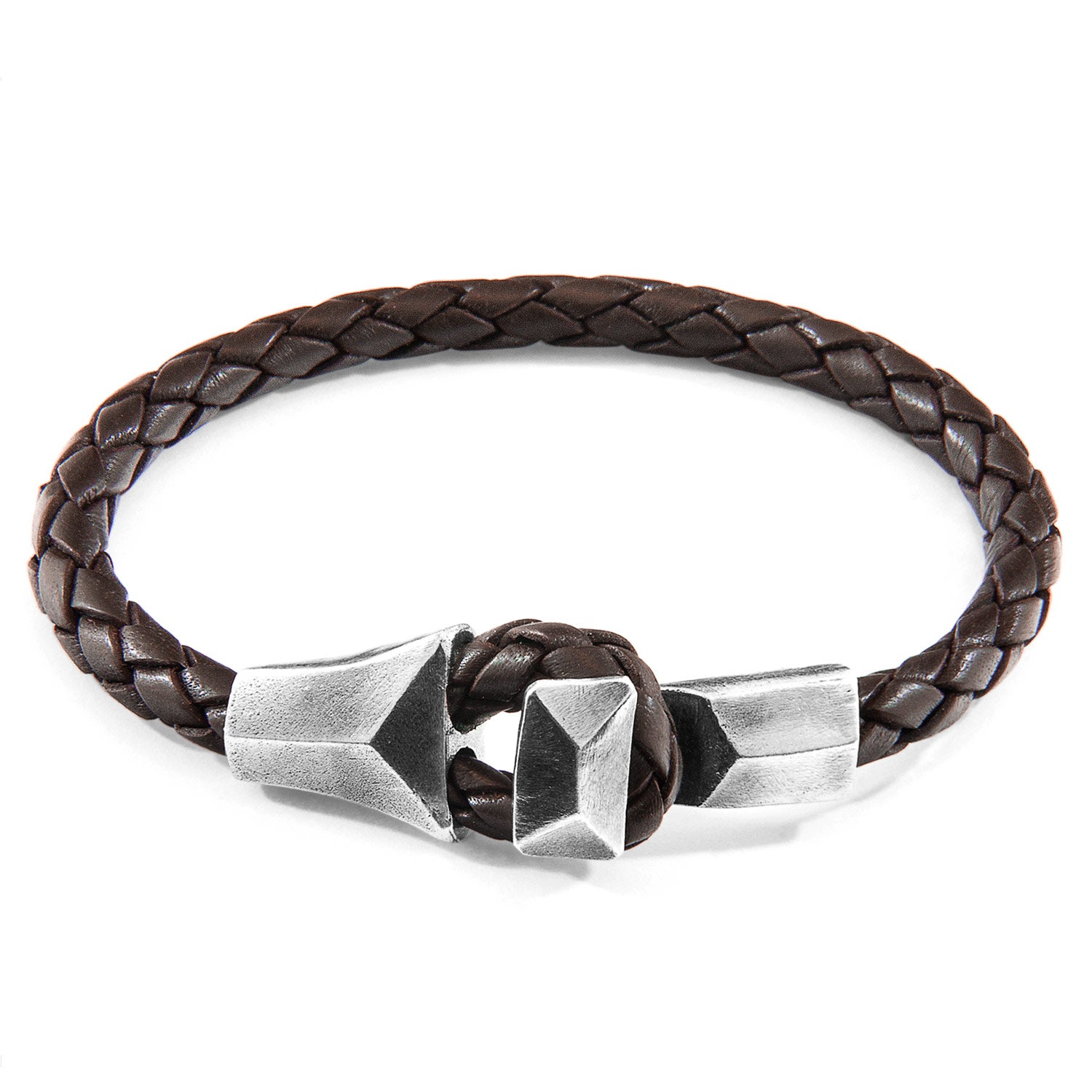 Cacao brown Alderney silver and braided leather bracelet by Magenta Sooty, featuring silver accents and a woven leather band.