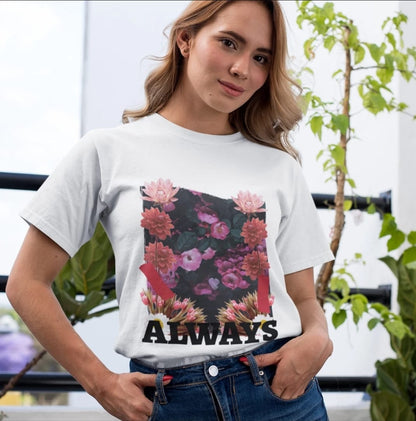 Yellow Pandora floral grunge jersey short sleeve T-shirt with a vibrant, artistic floral design on soft fabric.