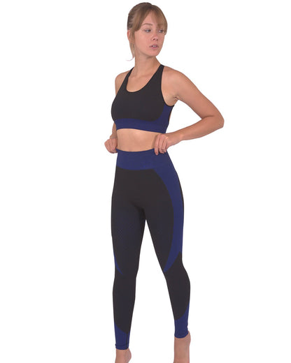Lazurite Trois Seamless Leggings in black with navy accents, activewear with a sleek fit and seamless design for workouts.