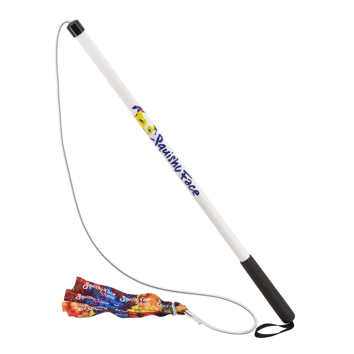 Purple Medea Squishy Face Studio Flirt Pole V2 dog toy for exercise and training, featuring a colorful, soft plush design with a long pole.