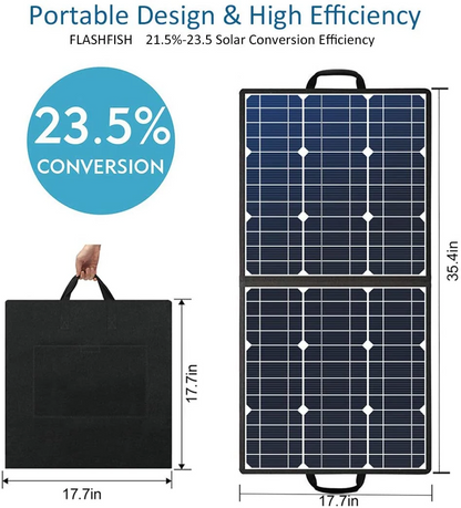 Foldable 50W 18V portable solar panel from Lilac Milo, showing compact, foldable design with multiple solar cells for outdoor use.