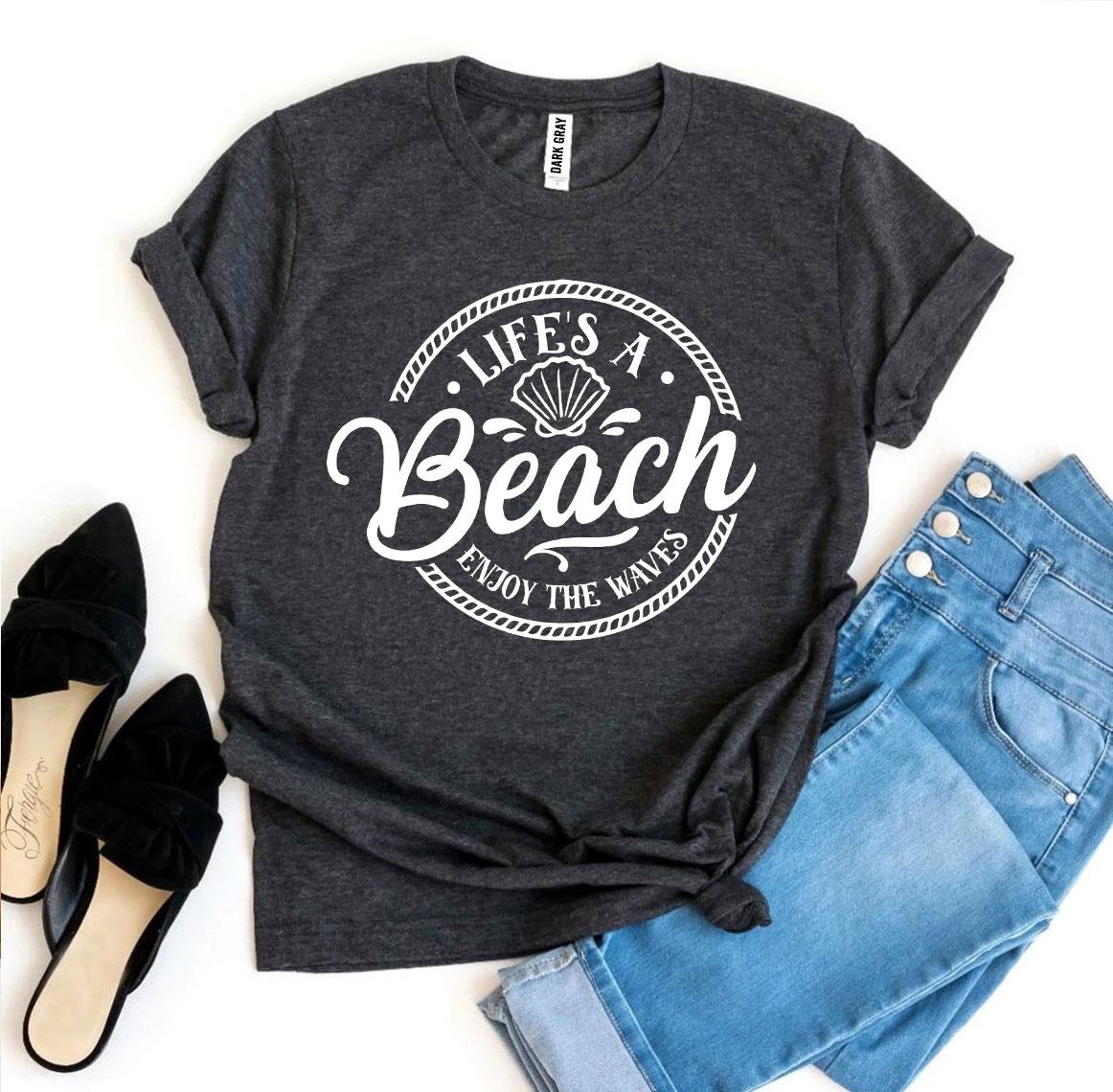Agate Life’s a Beach Enjoy The Waves T-shirt with ocean wave graphic and beach-themed design on soft cotton fabric.