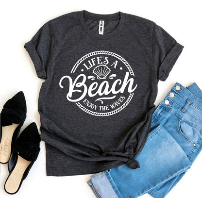 Agate Life’s a Beach Enjoy The Waves T-shirt with ocean wave graphic and beach-themed design on soft cotton fabric.