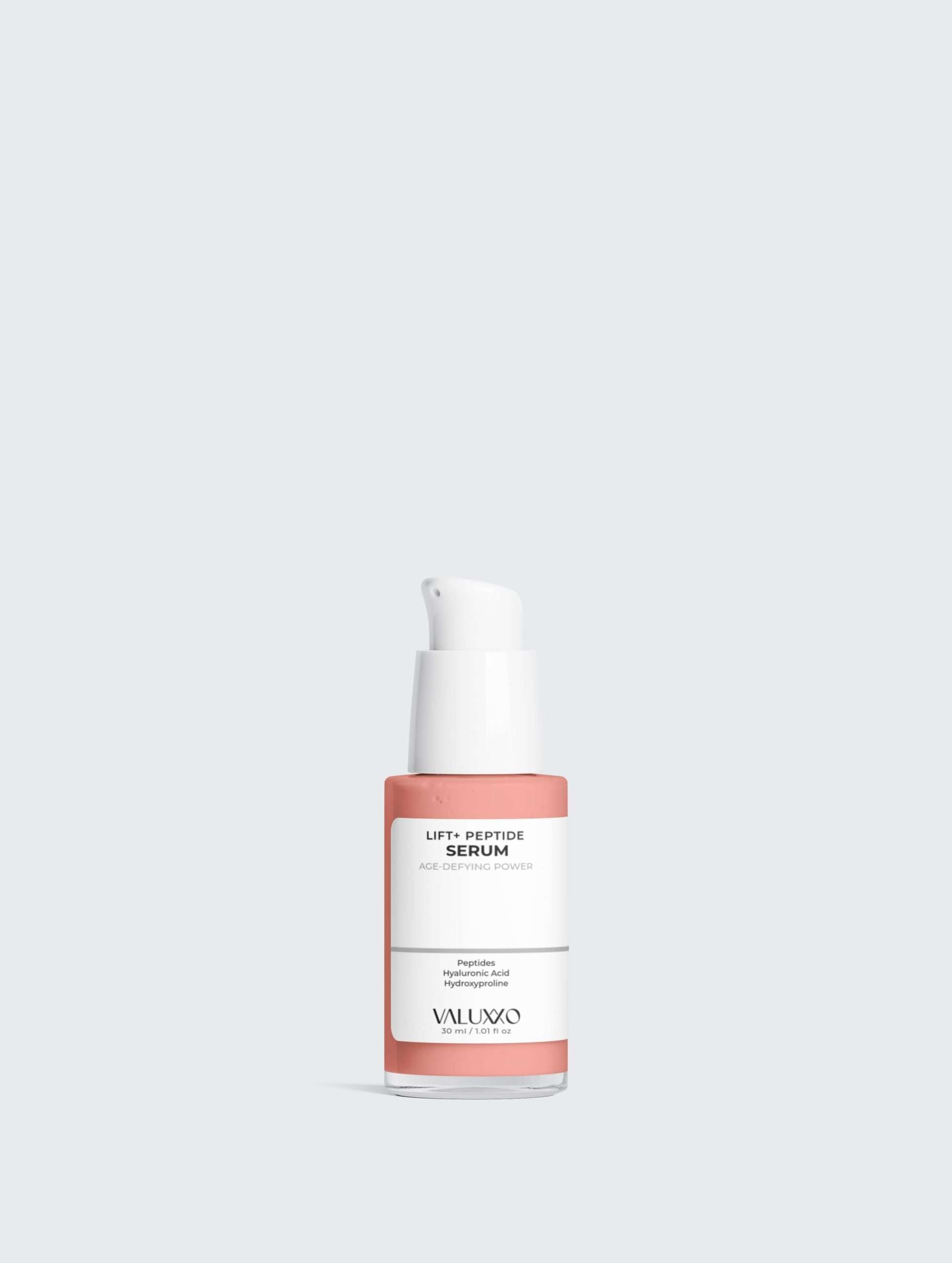 Taupe Metis Lift+ Peptide Serum skincare bottle with dropper, designed to enhance skin firmness and reduce wrinkles.