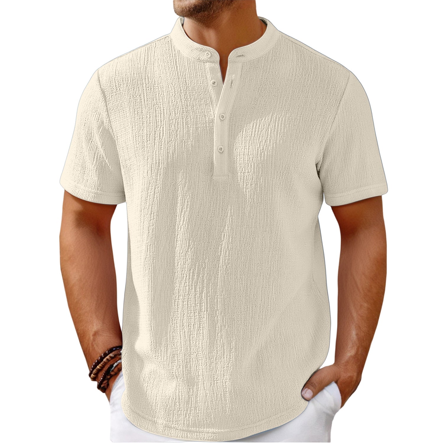 Striped cotton-linen Henley T-shirt by Carmine Juneberry, featuring a casual fit with vertical stripes and buttoned neckline.