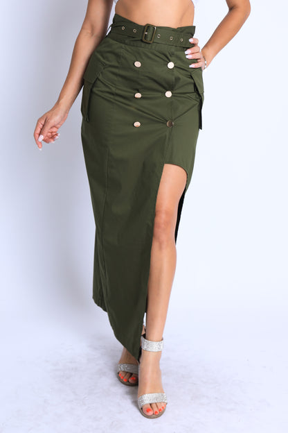 Puce Juniper asymmetric maxi skirt with self belt, pocket details, suitable for formal or casual wear, shown in the image.