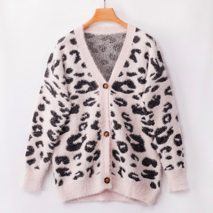 Carmine Juneberry leopard print long sleeve small cardigan sweater with button details, stylish and cozy for casual wear