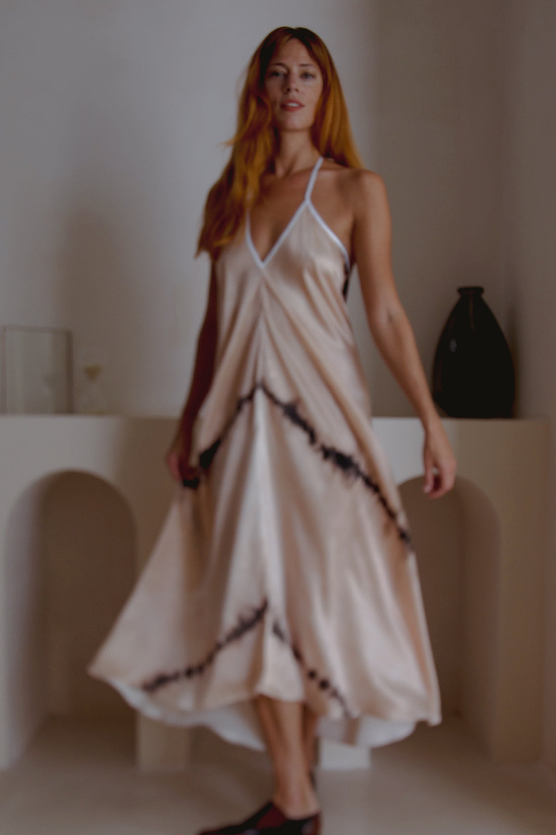 Violet Apollo Altair Silk Halter Dress in Shibori featuring a flowing silhouette and vibrant blue and white shibori pattern.