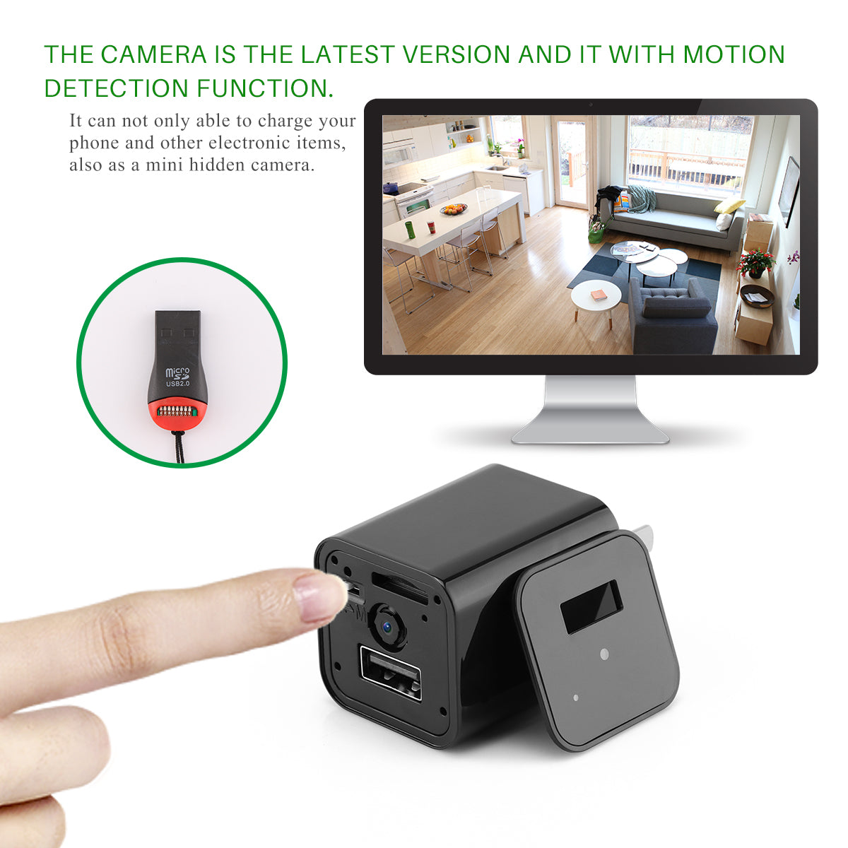 Teal Simba HD 1080P hidden camera USB charger for home security, showing a sleek black USB charger with camera lens and ports.