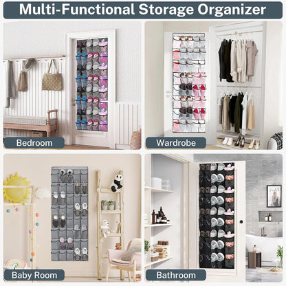 Over door shoe storage organizer with 40 pockets by Turquoise Pandion, hanging on a door for closet organization and shoe storage.