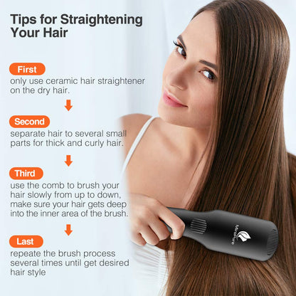 Lilac Milo Miropure hair straightener brush with anti-scald design, showcasing the sleek black and pink styling tool in use.