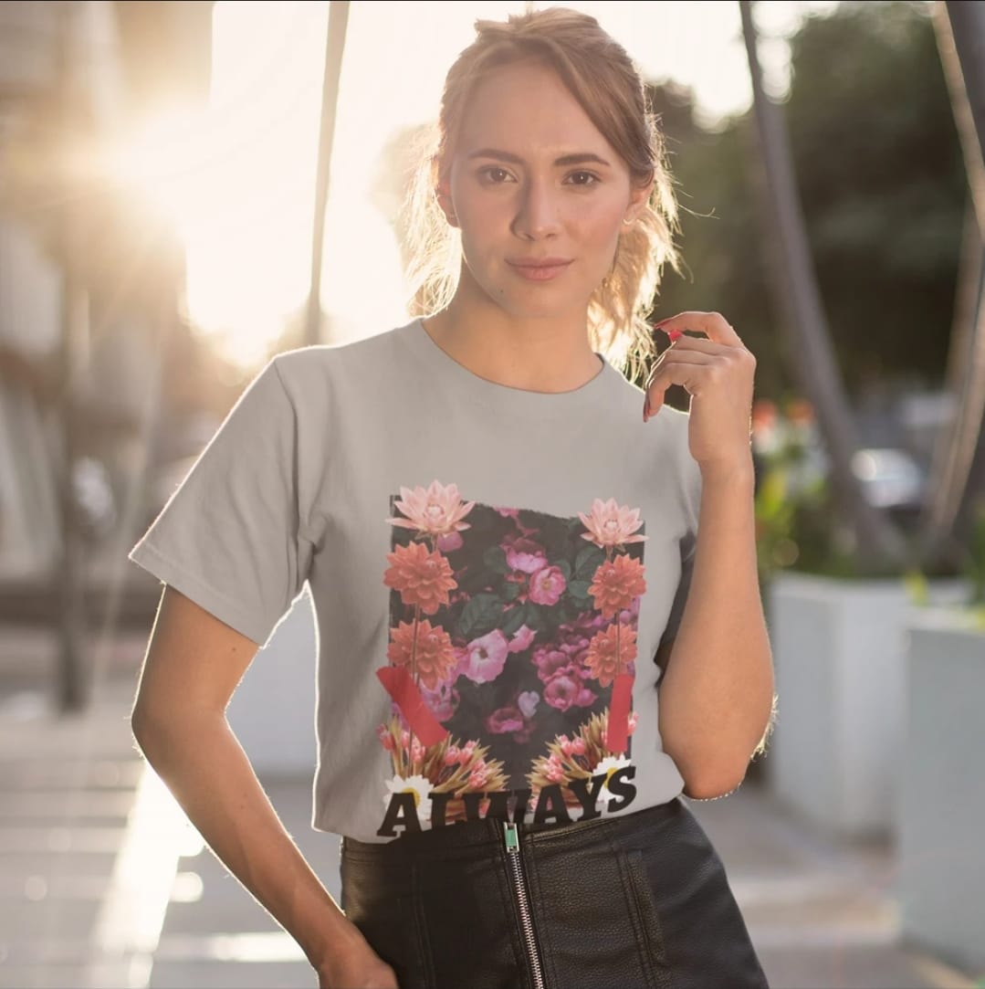 Yellow Pandora floral grunge jersey short sleeve T-shirt with a bold, artistic floral pattern on lightweight fabric.