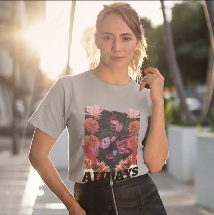 Yellow Pandora floral grunge jersey short sleeve T-shirt with a bold, artistic floral pattern on lightweight fabric.