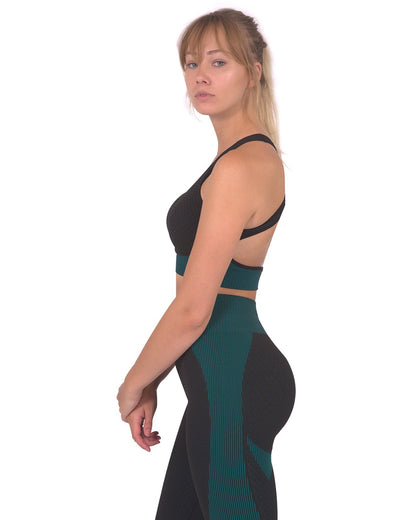 Lazurite Trois Seamless Sports Bra in black with blue accents, activewear for comfortable support during workouts