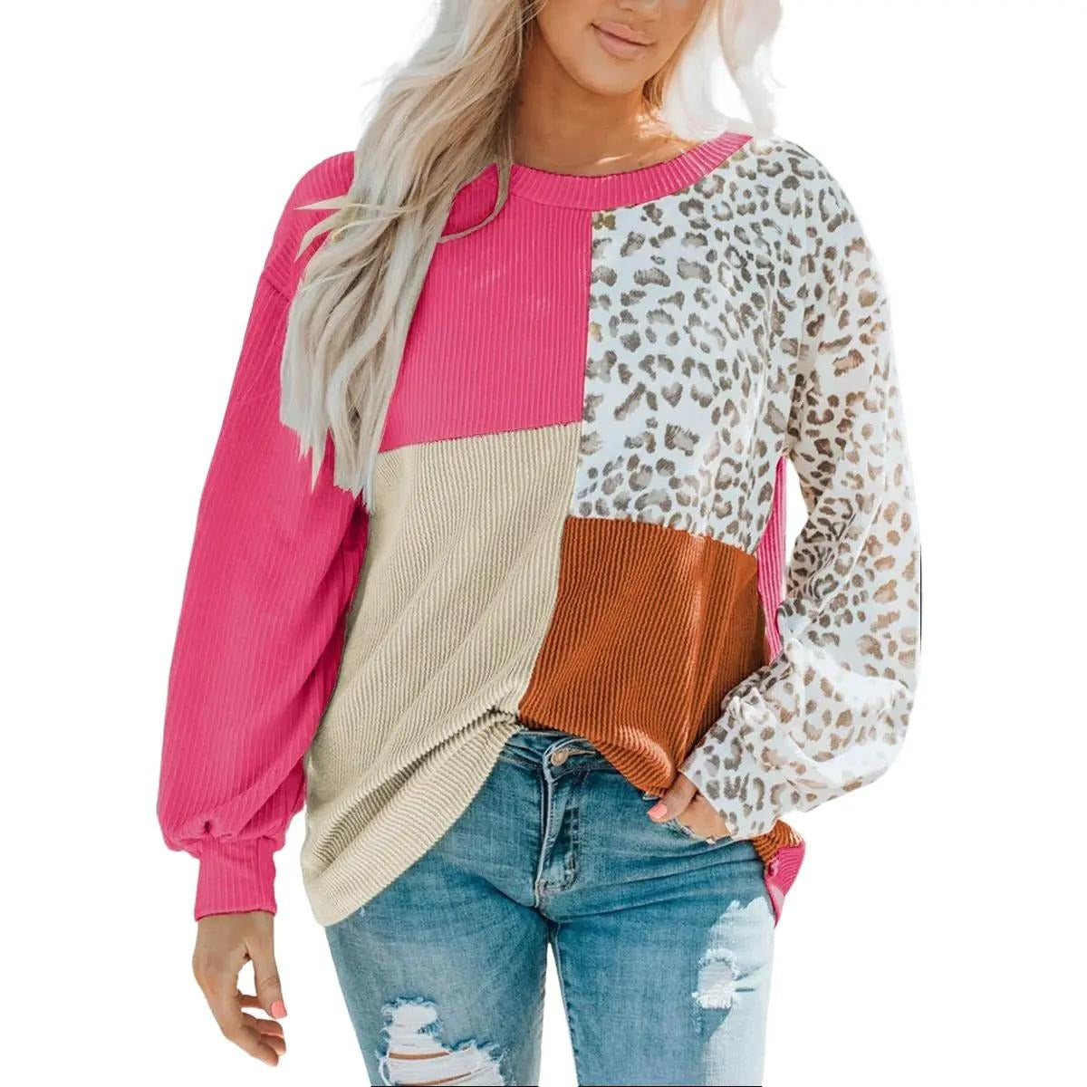 Leopard patchwork color block ribbed long sleeve top by Peach Castor, featuring bold animal print and vibrant color blocking.