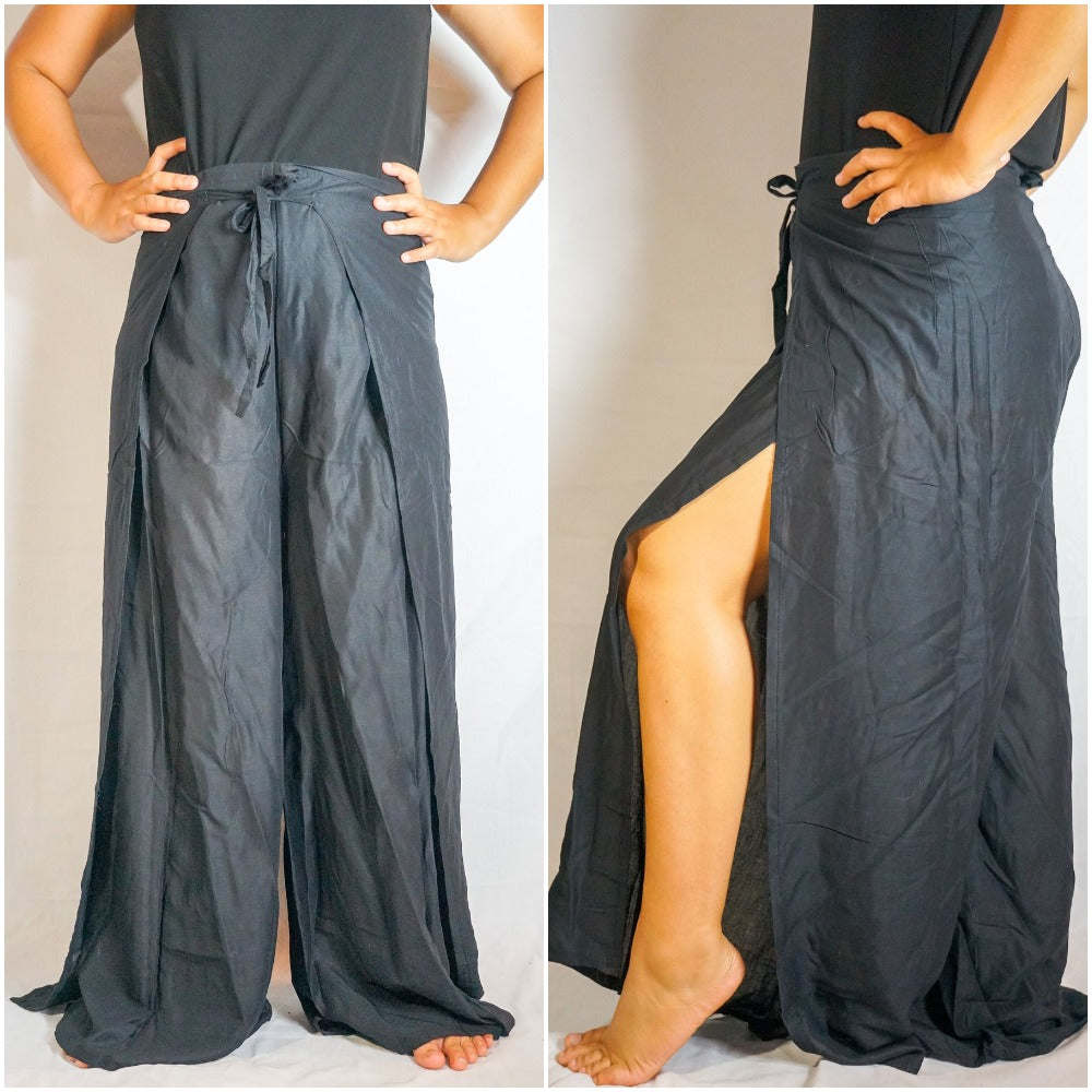 Tan Smokey solid black Palazzo wrap pants with a flowy, boho harem style, perfect for comfortable, stylish hippie-inspired outfits.