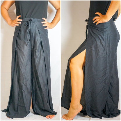 Tan Smokey solid black Palazzo wrap pants with a flowy, boho harem style, perfect for comfortable, stylish hippie-inspired outfits.