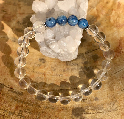 Blue Kyanite and crystal quartz stretch bracelet featuring genuine stones, designed by Violet Chaos with vibrant blue and clear beads.