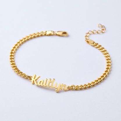Child name bracelet by Green Millie featuring a delicate baby girl jewelry design with personalized name charm and colorful beads.