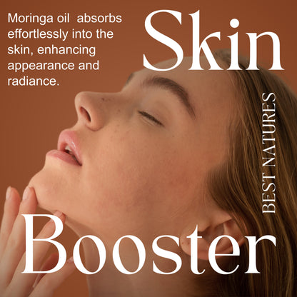 Organic yellow Poppy Moringa Seed Oil in a glass bottle, cold pressed and unrefined, ideal for skincare use