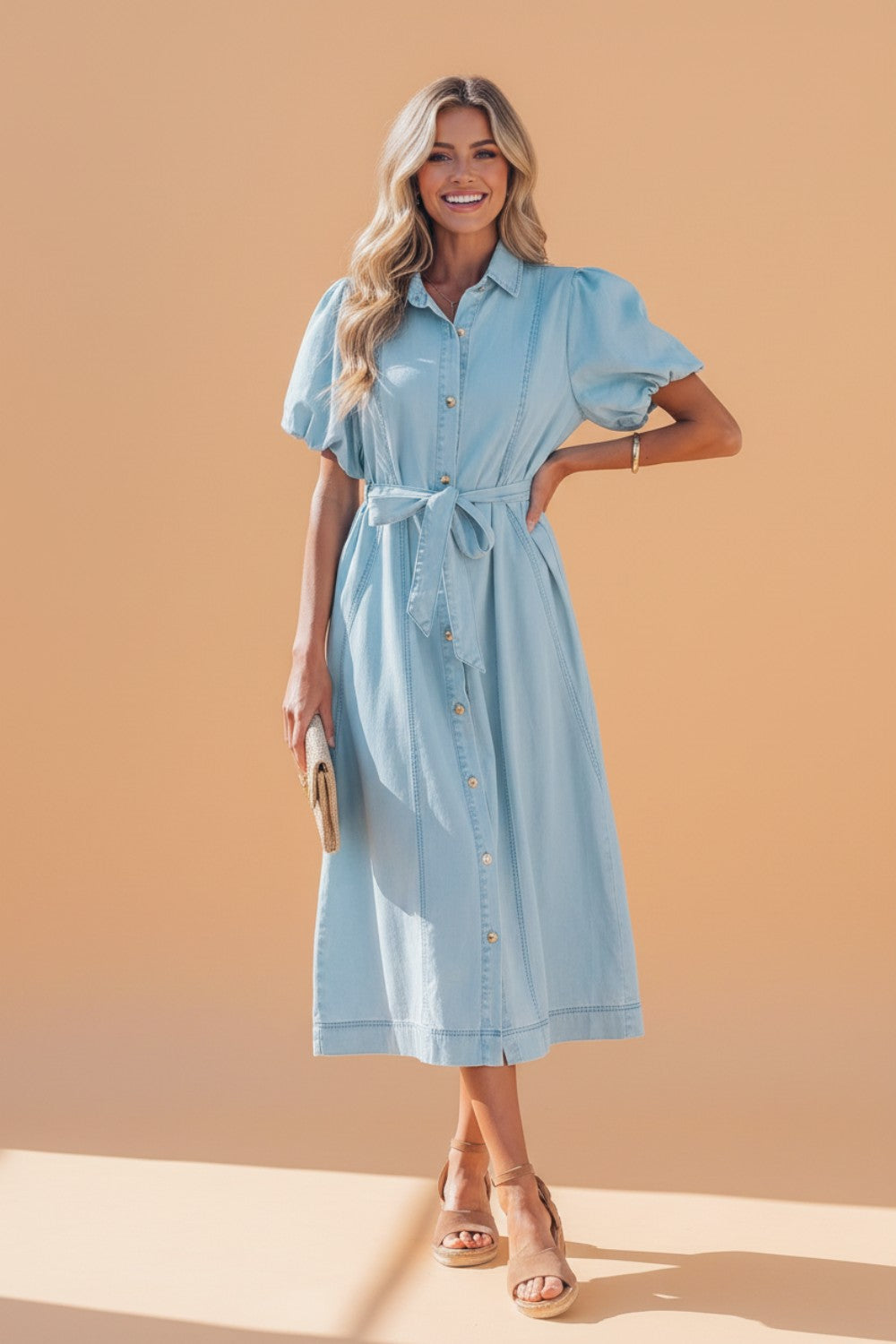 Solid denim collared midi dress with bubble sleeves and button details, stylish women&