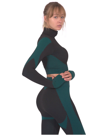 Lazurite Trois seamless black and blue activewear sports jacket with fitted design and moisture-wicking fabric.
