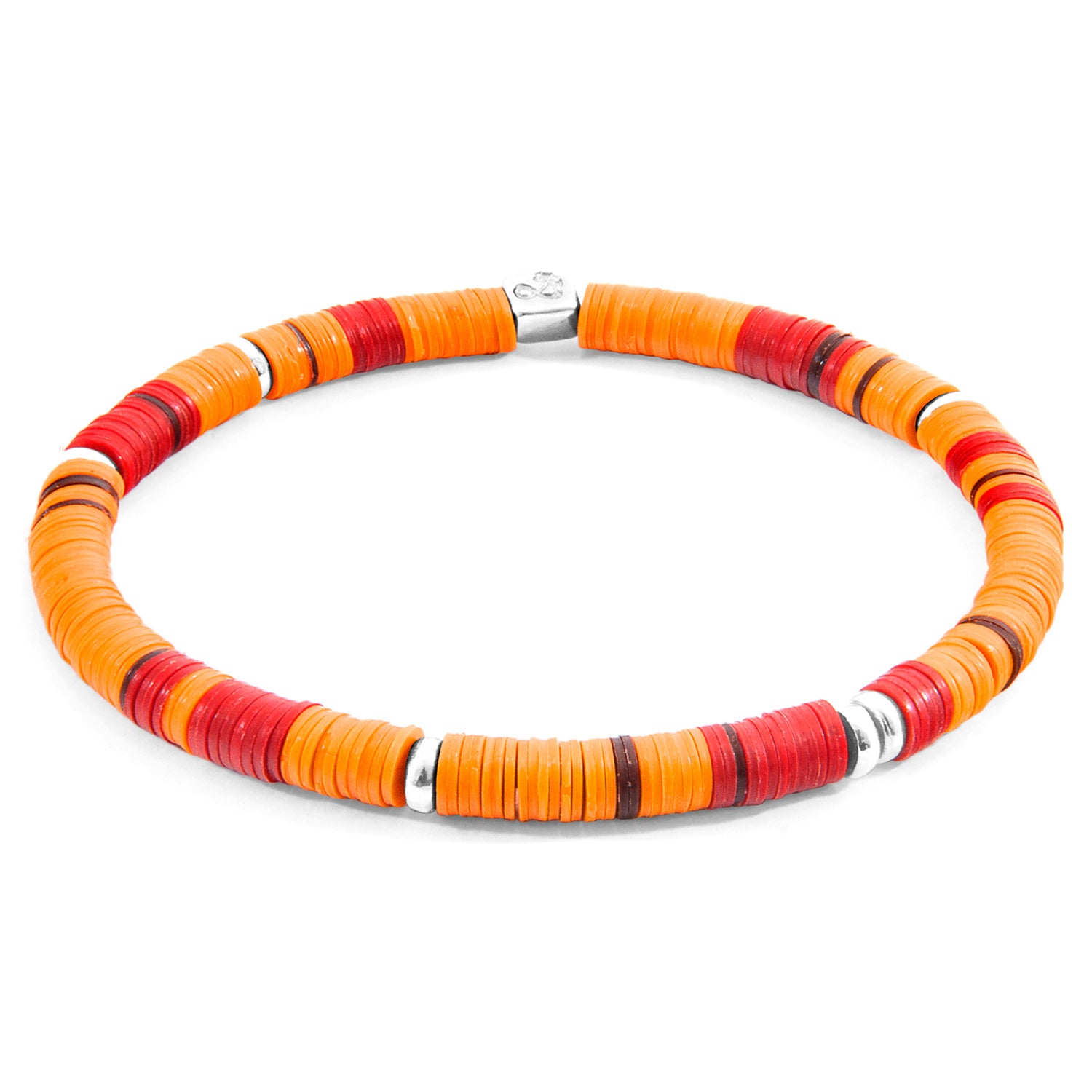 Orange Malawi silver and vinyl disc bracelet by Magenta Sooty featuring vibrant orange discs and silver accents.