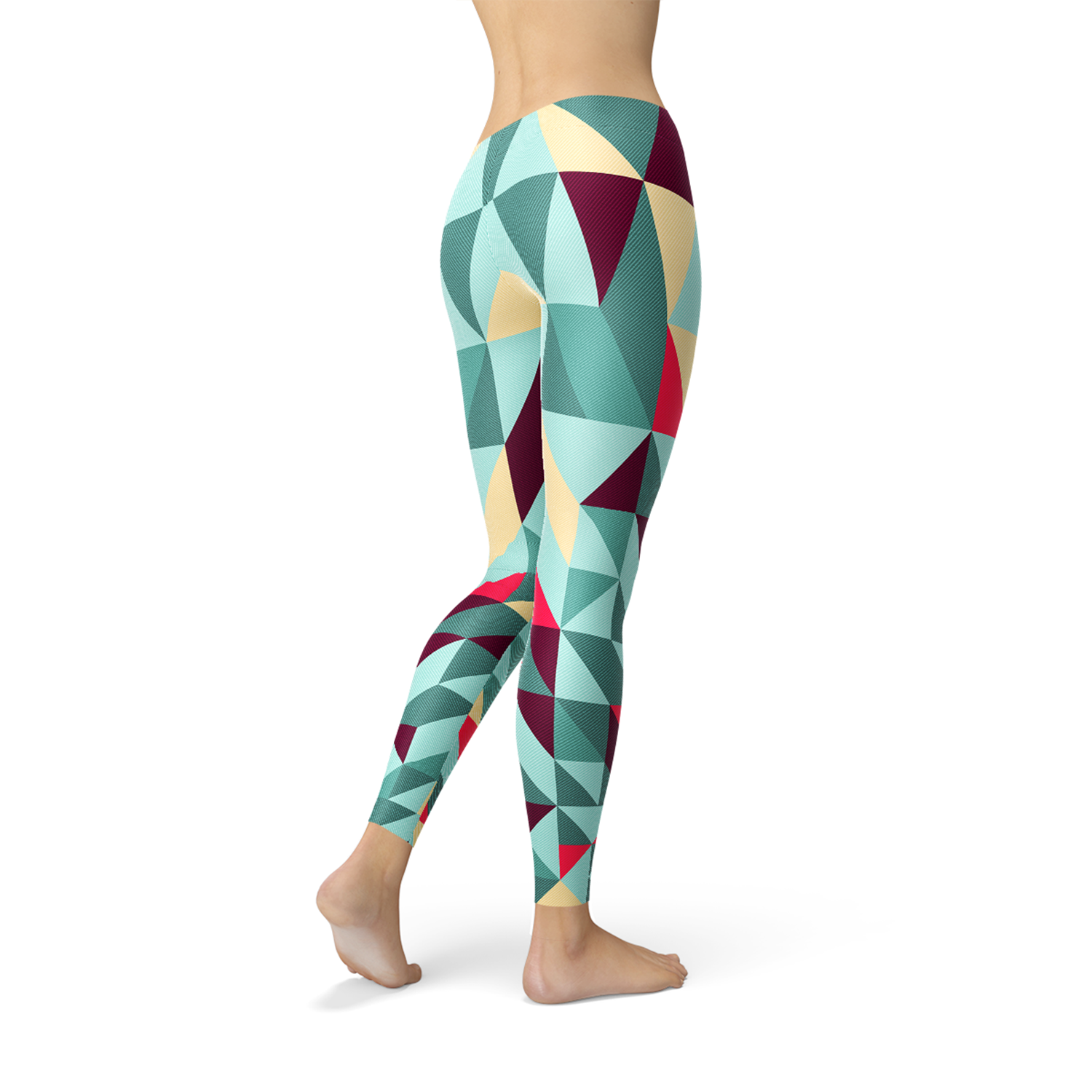 Women’s colorful geometric triangle leggings by Maroon Sooty featuring vibrant, bold pattern and comfortable fit.