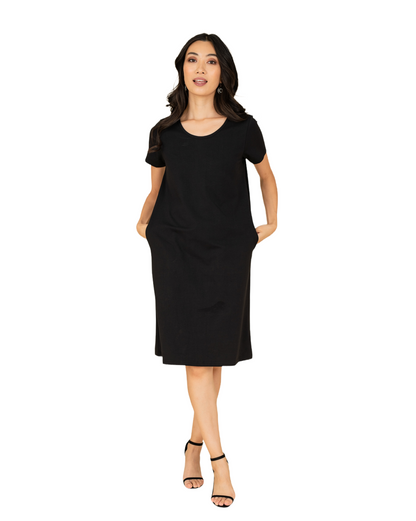 Women’s black dress by Gray Eos featuring practical pockets, stylish and comfortable for casual or semi-formal occasions.