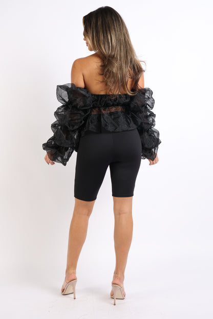 Black Puce Juniper matching set with organza sleeve detailed top and coordinating shorts, stylish and elegant for fashionable wear.
