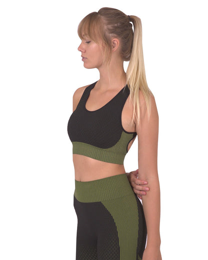 Lazurite Trois seamless black sports bra with green accents, designed for activewear and athletic comfort.