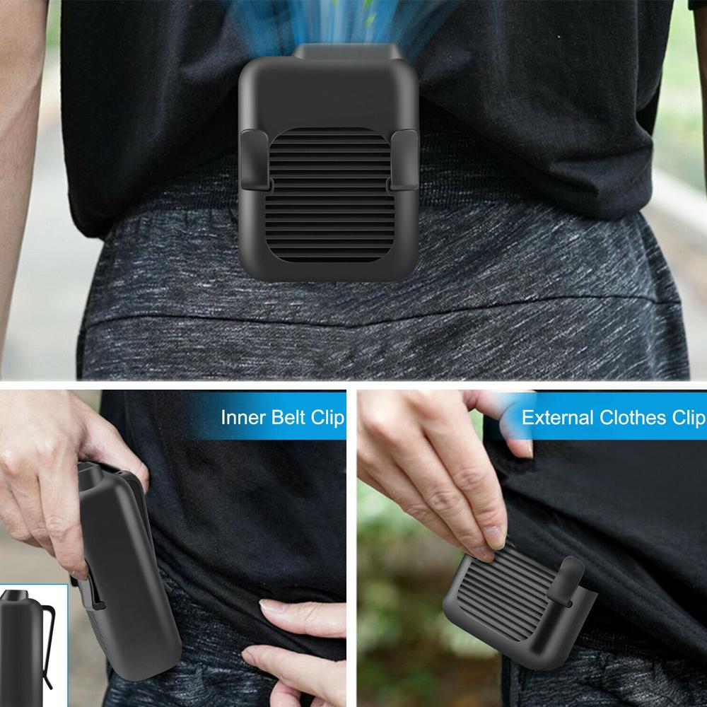 Yellow Pandora portable compact cooling fan with waist clip, handsfree design, ideal for outdoor sports and outdoor activities.