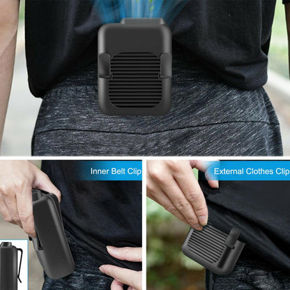 Yellow Pandora portable compact cooling fan with waist clip, handsfree design, ideal for outdoor sports and outdoor activities.