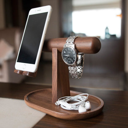 Wood organizer for phone, watch, and jewelry by Fuchsia Molly, featuring compartments for accessories and electronic devices.