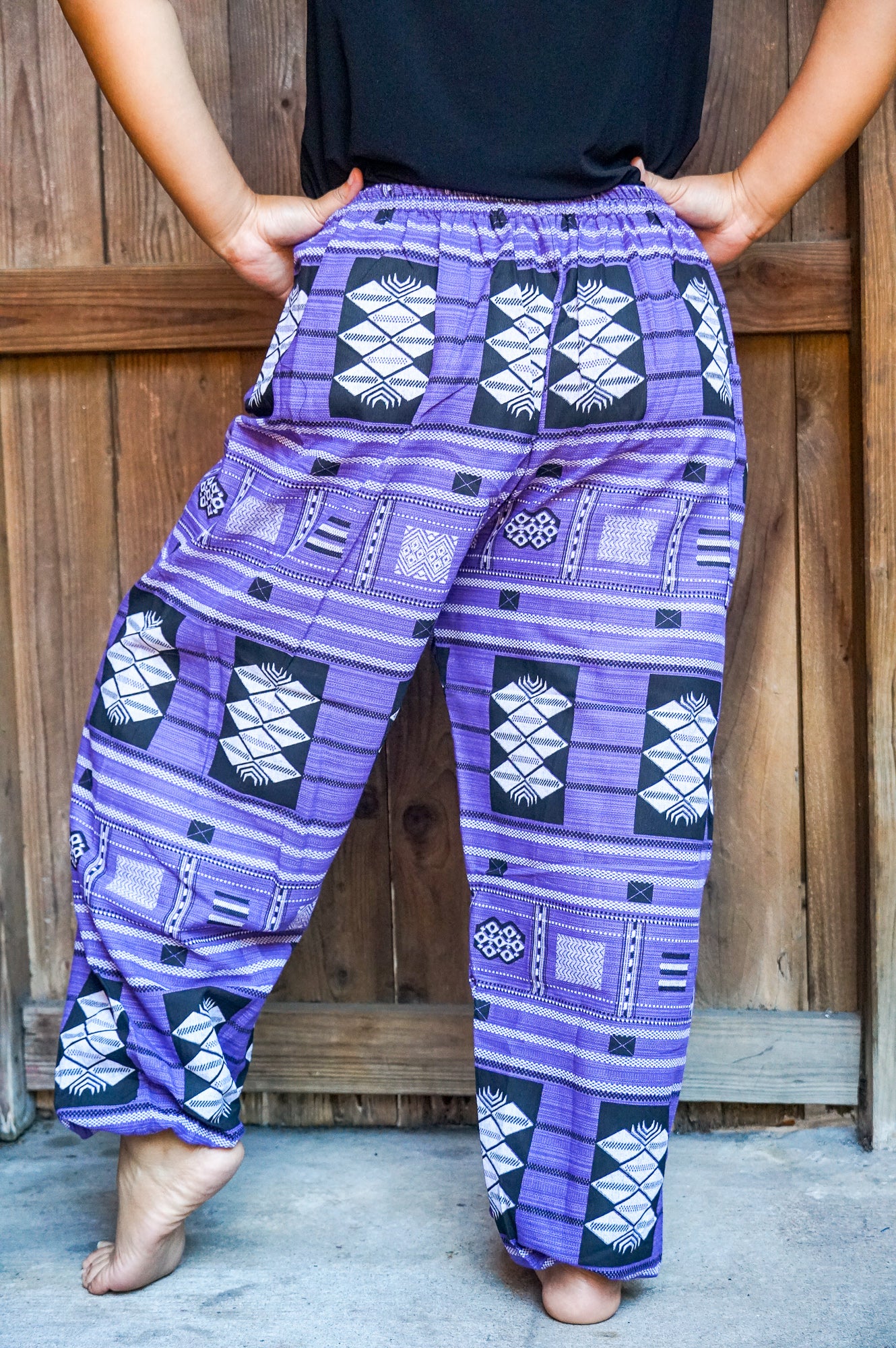 Cotton women’s tribal boho pants by Tan Smokey featuring colorful, flowy hippie-style pants with ethnic patterns.