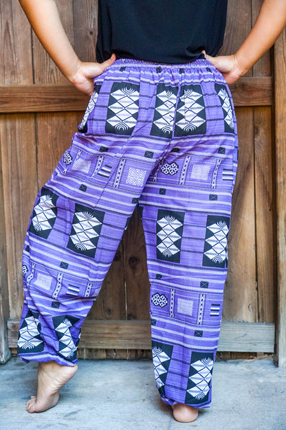 Cotton women’s tribal boho pants by Tan Smokey featuring colorful, flowy hippie-style pants with ethnic patterns.