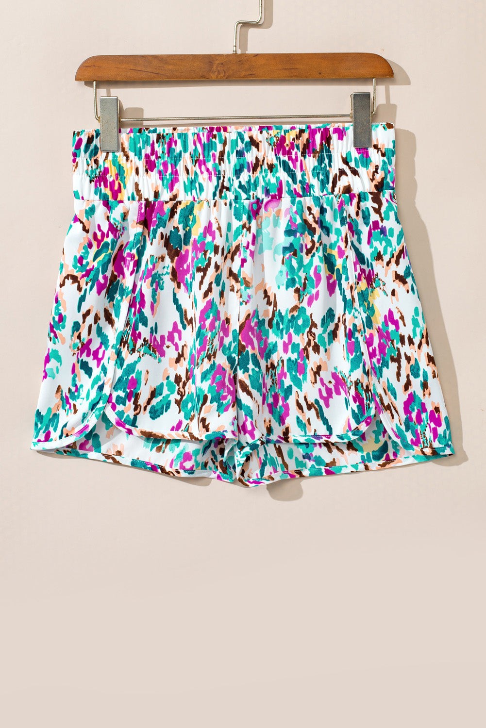Byzantium Bay leopard and checker high waist athletic shorts showing a stylish design with bold patterns and a comfortable fit.
