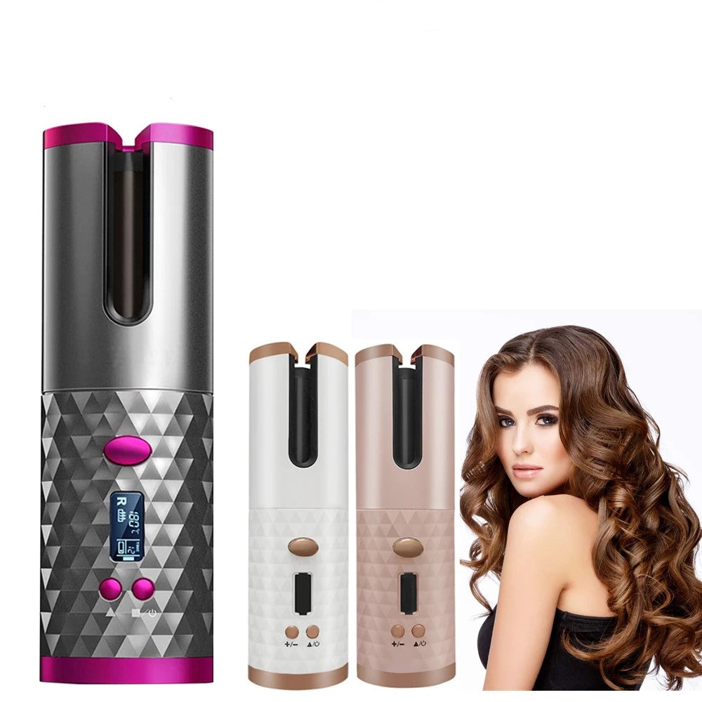 Lilac Milo LCD display cordless hair curler rollers with rotating ceramic barrel for easy styling in bath and beauty routine.